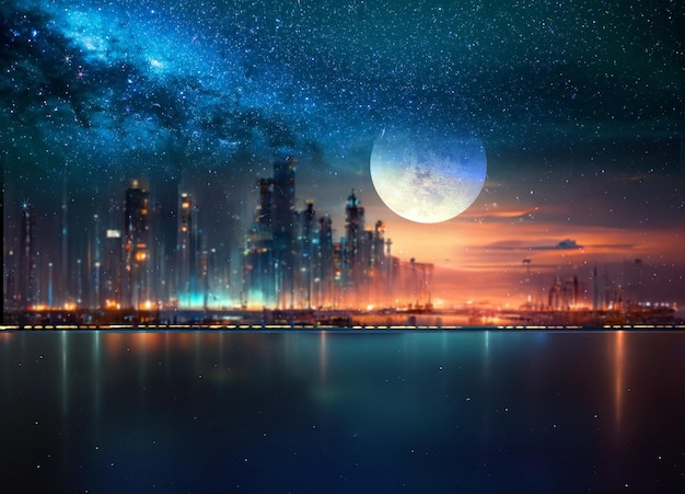 ciel étoilé de la mer de nuit dans le port, nébuleuse d'eau de mer bleue et grande lune sur la mer sur la ville d'horizon