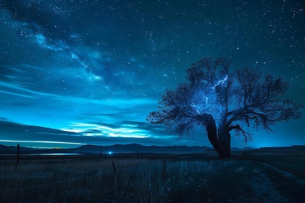Photo le ciel étoilé de la nuit au-dessus de l'arbre solitaire dans un paysage serein