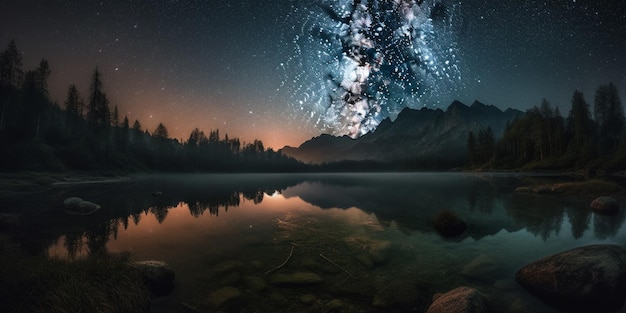 Le ciel étoilé de la nuit au-dessus d'un lac avec des rochers et des arbres génératifs ai