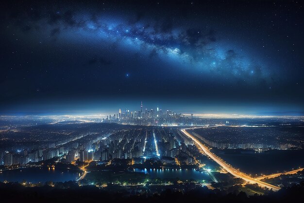 Le ciel étoilé de la nuit au-dessus des lumières de la ville