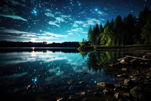 Photo ciel étoilé se reflétant sur l'ia générative d'un lac serein