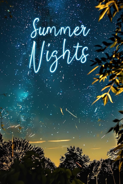 Ciel étoilé avec texte de nuits d'été et silhouette d'arbres