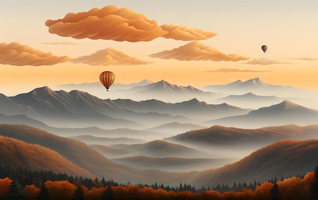 Ciel fantastique avec des montagnes et des ballons en arrière-plan