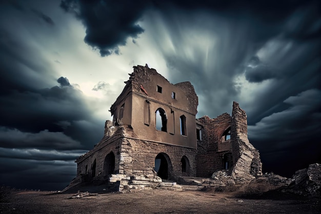 Ciel gris blanc après le passage de nuages d'orage sur les ruines d'un bâtiment créé avec une IA générative