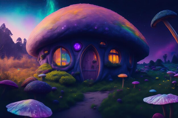 Ciel d'hiver en multicolore sur paysage enneigé avec maison de hobbit aux champignons