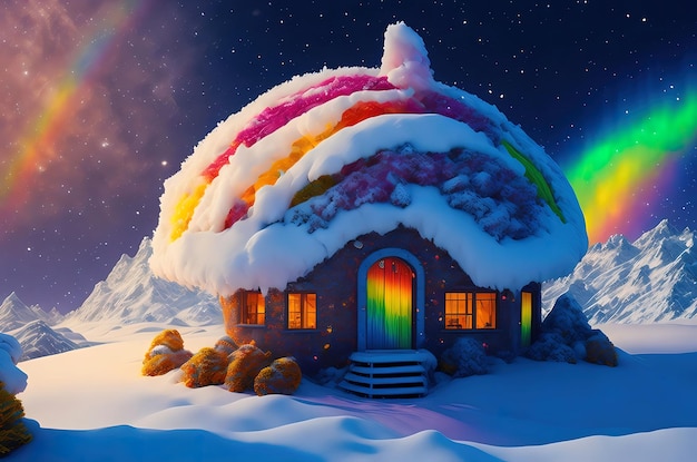 Ciel d'hiver en multicolore sur paysage enneigé avec maison de hobbit aux champignons