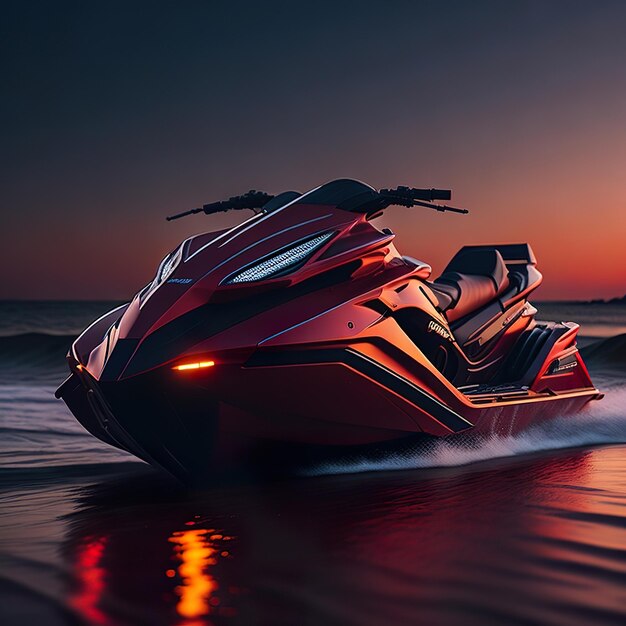 Photo ciel de jet super rouge de luxe avec un design moderne sur l'océan avec le coucher de soleil