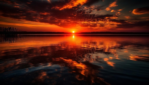 Un ciel maussade reflète un coucher de soleil vibrant sur une eau tranquille générée par l'IA