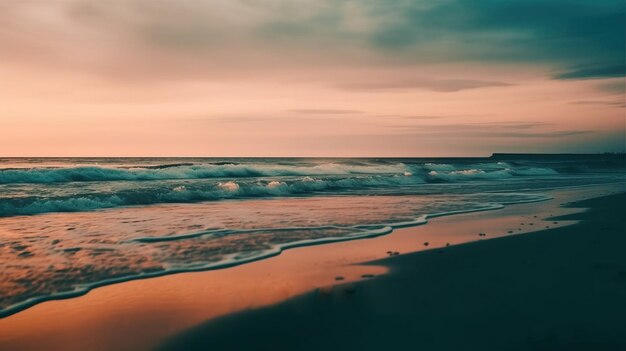 Ciel de la mer rouge du soir sur fond de vagues et de sable de plage généré par l'IA