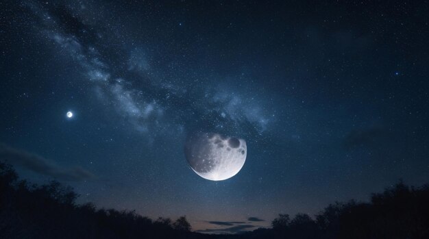 Un ciel de minuit rempli d'étoiles une lune pleine et un cercle blanc brillant au centre