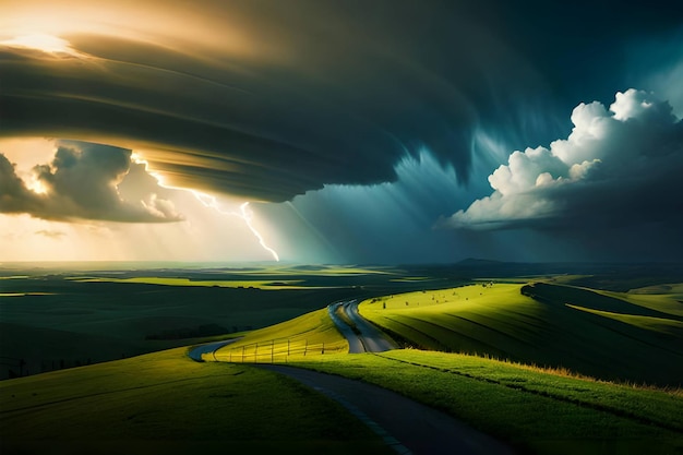 Un ciel de mousson sombre et naturel avec des nuages sombres et des effets d'éclairage au néon et une autoroute