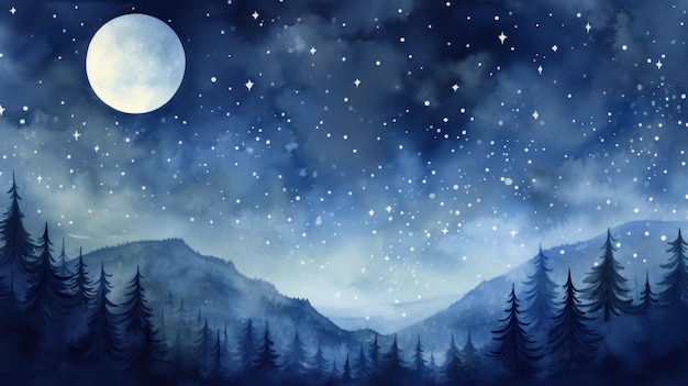 Ciel nocturne aquarelle captivant avec étoiles et croissant de lune généré par l'IA