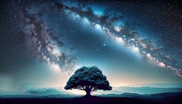 Le ciel nocturne avec un arbre et les étoiles