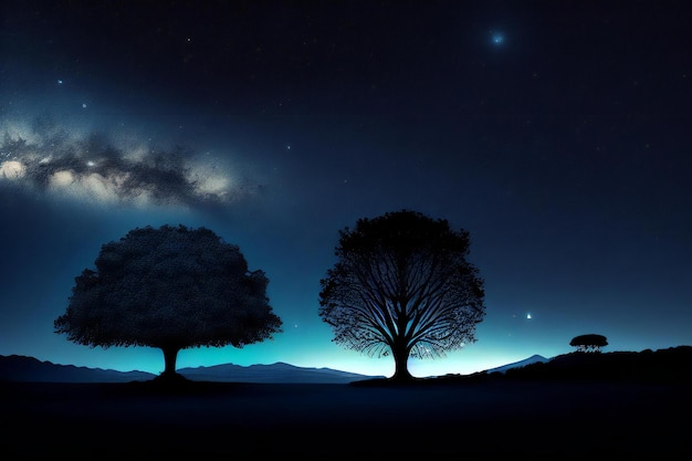 un ciel nocturne avec un arbre isolé au premier plan