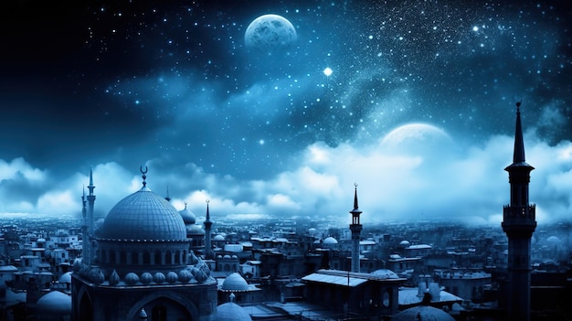 Un ciel nocturne bleu avec une pleine lune et une mosquée en arrière-plan