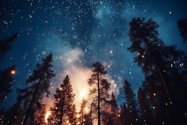 Le ciel nocturne dans la forêt avec beaucoup d'étoiles