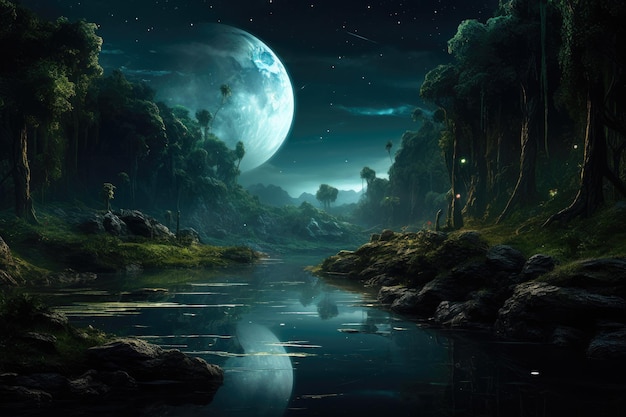 Le ciel nocturne enchanteur de la forêt éclairée par la lune au-dessus des eaux réfléchissantes