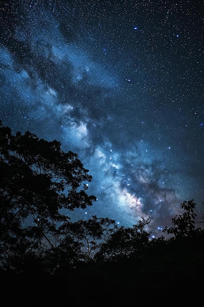 le ciel nocturne est rempli d'étoiles et d'arbres