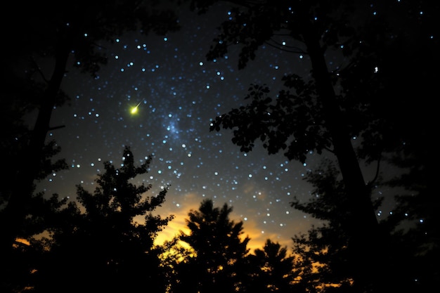 Le ciel nocturne est rempli d'étoiles et d'arbres.