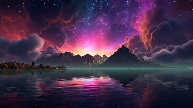 Un ciel nocturne étoilé au-dessus d'un lac avec des montagnes et un ciel violet avec les étoiles au-dessus.