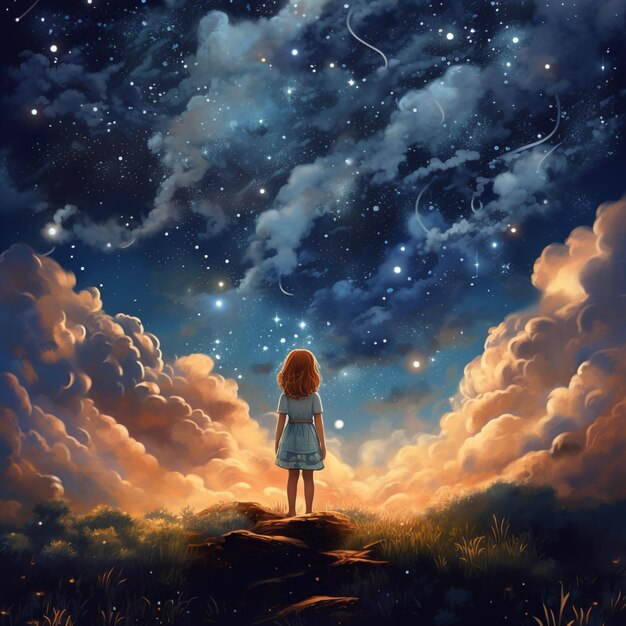 ciel nocturne étoilé avec une fille regardant les étoiles générative ai