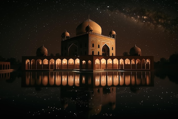 Un ciel nocturne étoilé avec une mosquée au premier plan