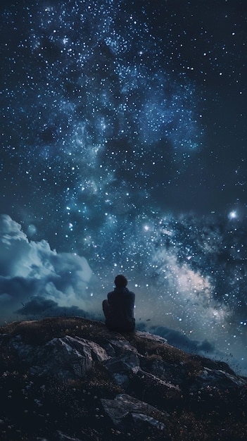ciel nocturne étoilé avec une personne assise sur une roche générative ai