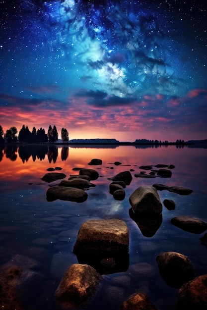 Photo un ciel nocturne étoilé avec la voie lactée au-dessus d'un lac tranquille créé avec l'ai générative