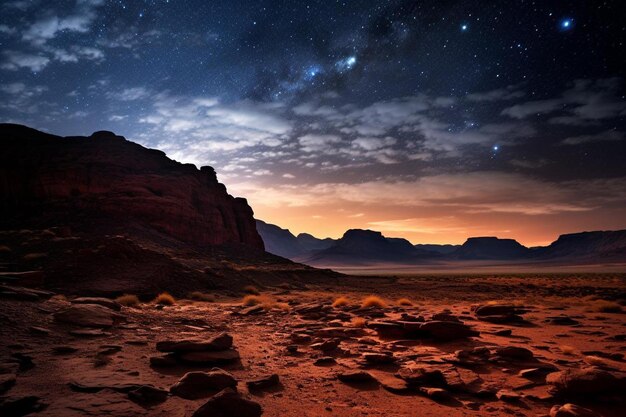 Un ciel nocturne avec des étoiles et des montagnes en arrière-plan.