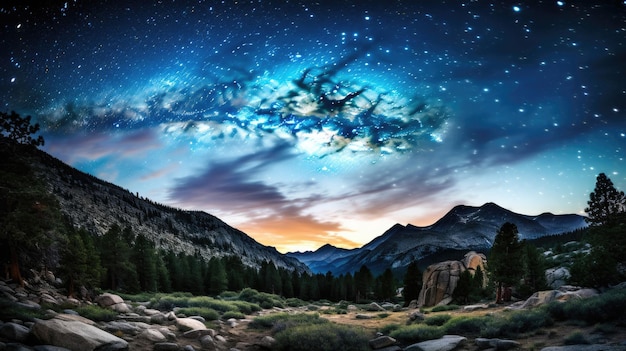 Un ciel nocturne avec des étoiles et un paysage de montagne.