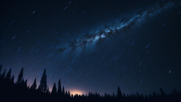 Ciel nocturne avec étoiles et voie lactée au-dessus de la forêt de conifères