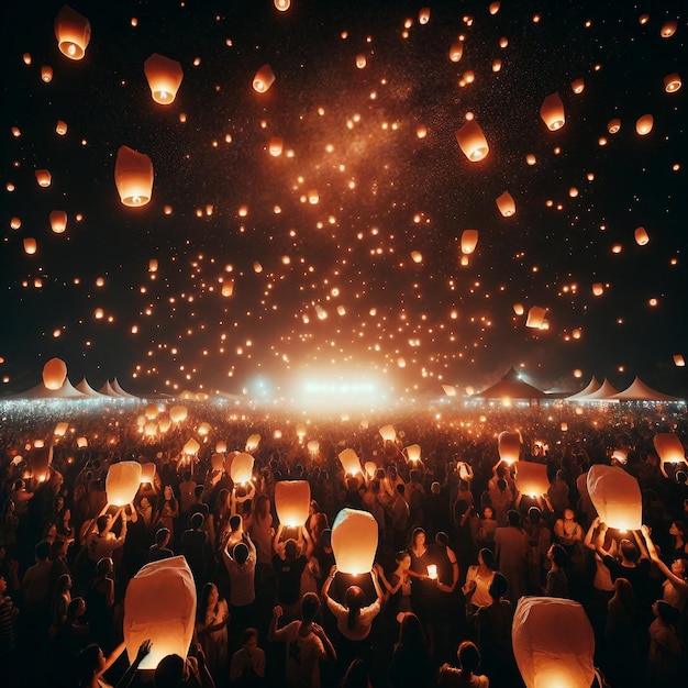 Le ciel nocturne festif éclairé par des lanternes de papier flottantes
