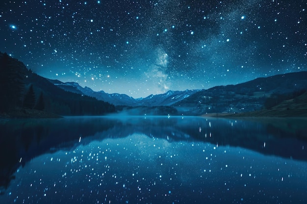 Un ciel nocturne hypnotisant rempli d'innombrables étoiles jetant leurs reflets étincelants sur le lac tranquille en dessous la nuit étoilée sur un lac paisible reflétant des étoiles en forme de cœur générée par l'IA