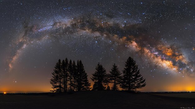 Un ciel nocturne incroyable avec des étoiles et une voie lactée brillante Les silhouettes sombres des arbres se démarquent sur le fond étoilé