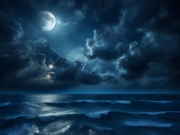 Ciel nocturne avec lune dans les nuages sombres et mer bleu foncé au premier plan