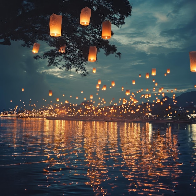 Photo le ciel nocturne magique avec des lanternes flottantes