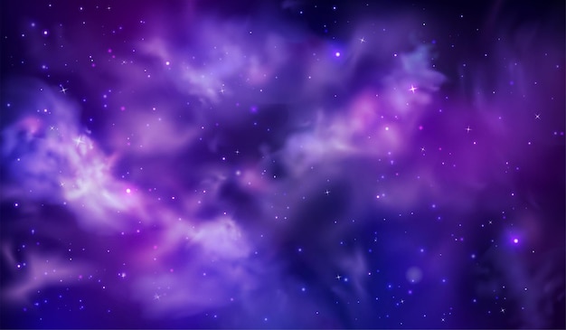 Ciel nocturne pourpre Nuages magiques de l'univers spatial Nébuleuse nocturne cosmique Cosmos rose et bleu Lumières sombres Ciel de minuit Panorama réaliste avec des étoiles Texture céleste papier peint exact