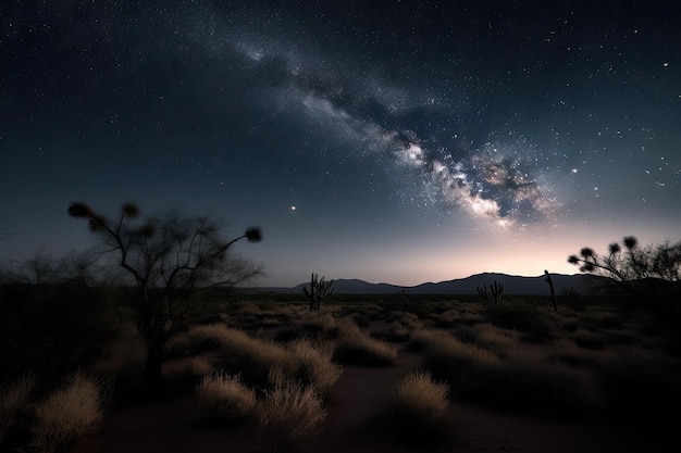 Ciel nocturne rempli d'étoiles et d'un croissant de lune sur un paysage désertique créé avec une IA générative