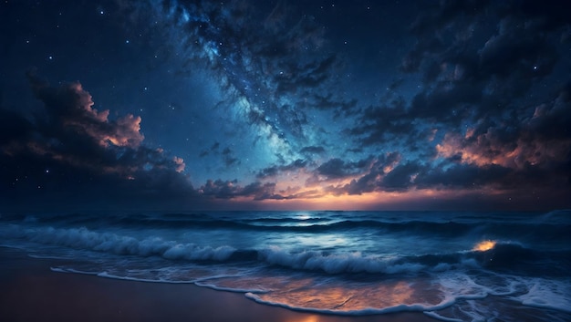 Un ciel nocturne rempli d'étoiles incroyablement détaillé avec les étoiles scintillantes au-dessus de la mer