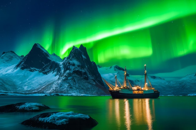 Le ciel nocturne s'anime avec les teintes vibrantes des aurores boréales alors qu'un navire glisse dans le fjord