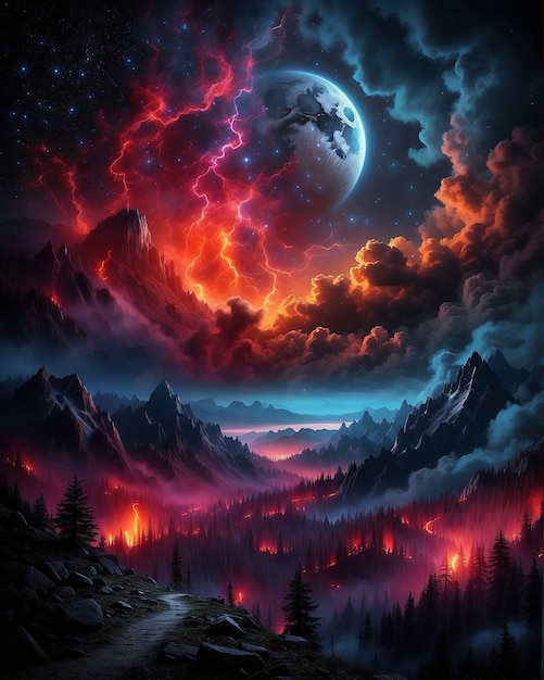 Photo ciel nocturne sombre avec des nuages feu de forêt magique sur la lune avec des couleurs fantastiques