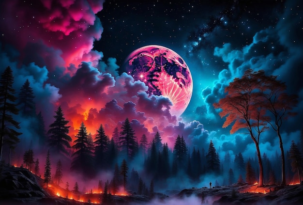 Photo ciel nocturne sombre avec des nuages feu de forêt magique sur la lune avec des couleurs fantastiques