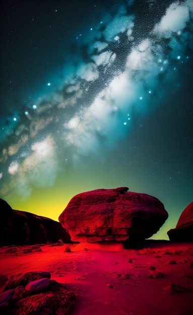 Un ciel nocturne avec une voie lactée et une galaxie en arrière-plan