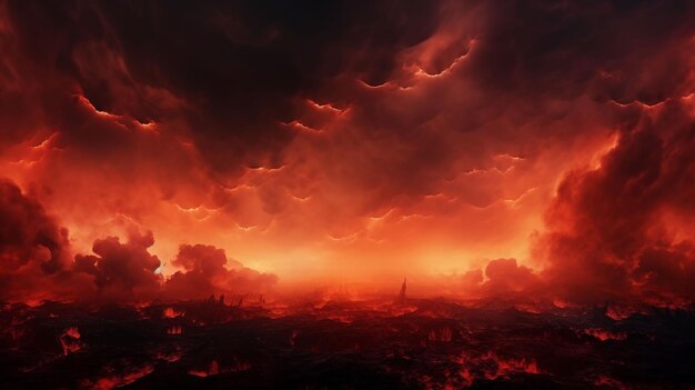 Ciel noir rouge ardent dramatique avec des nuages Guerre d'incendie explosion catastrophe flamme Concept d'horreur