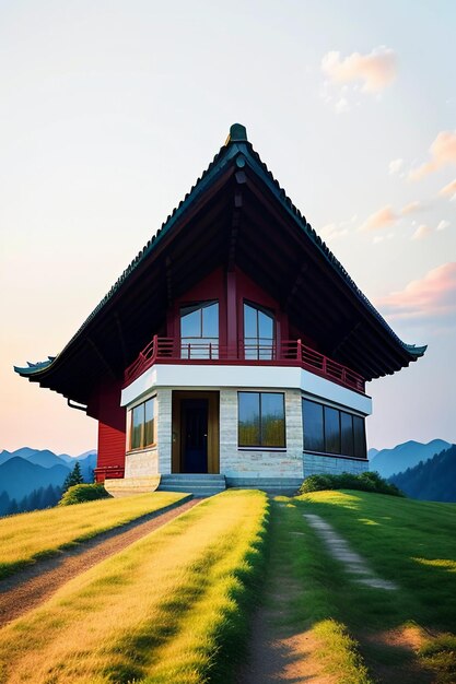 Ciel nuages blancs et montagnes maison bâtiment nature paysage fond d'écran illustration