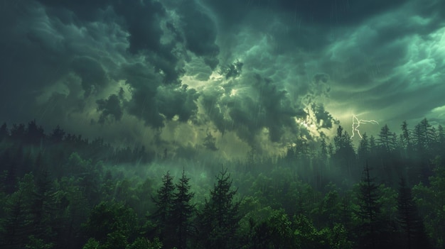 Photo le ciel nuageux projette des ombres sur une forêt sombre créant une atmosphère étrange