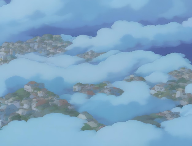 Un ciel nuageux avec un tas de nuages et un tas de maisons.
