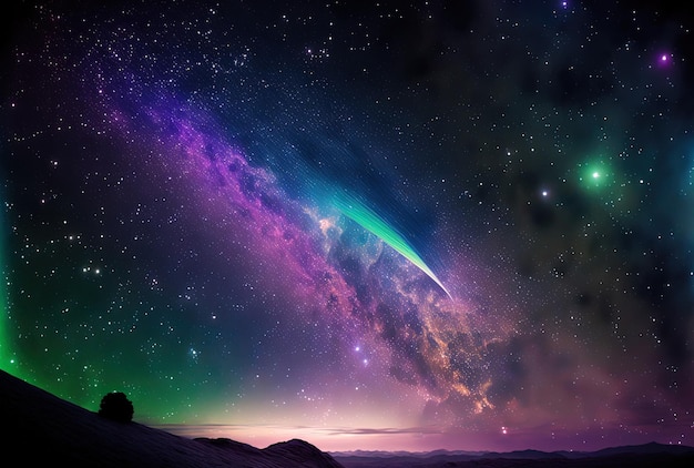 Ciel la nuit nébuleuse de poussière de comète et étoiles tombant avec des fusées éclairantes cosmiques de lilas bleu et vert