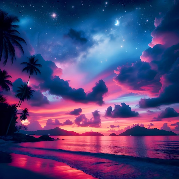 Le ciel de nuit et la plage à l'arrière-plan flou