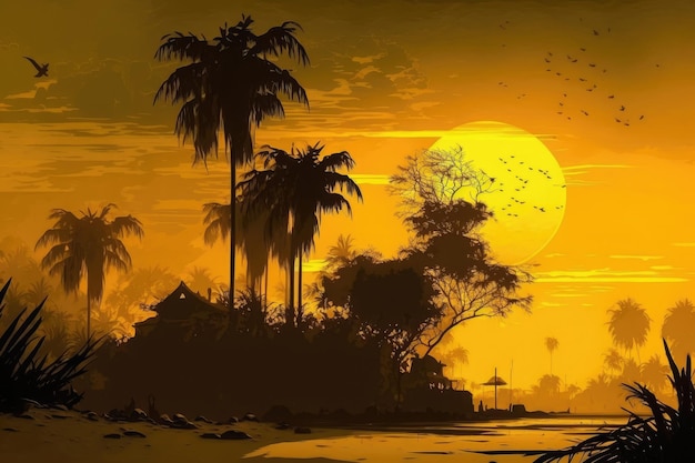 Ciel d'or jaune du soir L'été dans les pays tropicaux